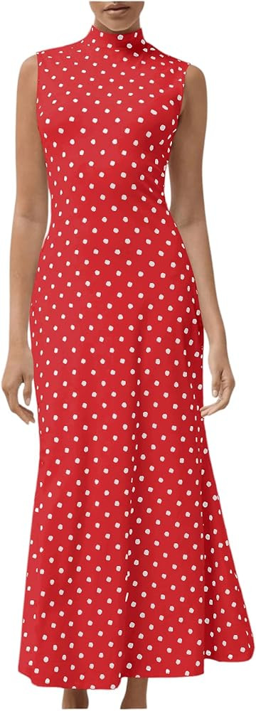 Milumia Women's Polka Dots Maxi Tank Dress Vintage Mock Neck Sleeveless Elegant Long Dresses | Amazon (US)