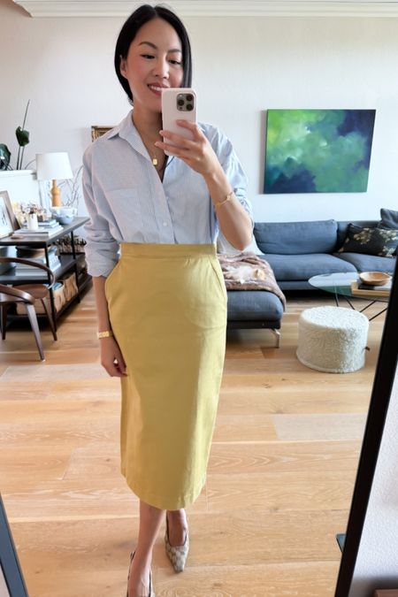 Blue striped shirt paired with a soft yellow skirt! Shop the summer outfit now!

#workoutfit
#officeoutfit
#summerworkwear
#businesswear
#girlboss


#LTKSeasonal #LTKWorkwear #LTKStyleTip