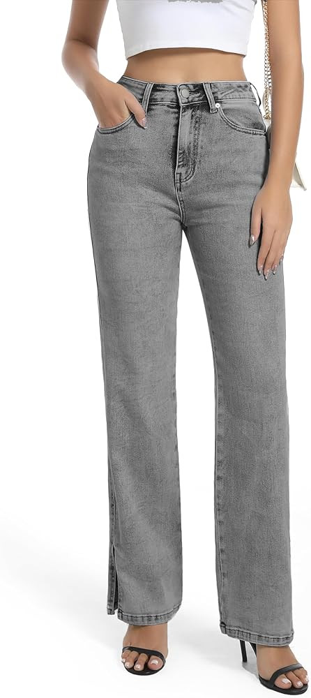 Womens Jeans High Waisted Stretchy Straight Leg Split Hem Jeans for Women Trendy Classic Denim | Amazon (US)