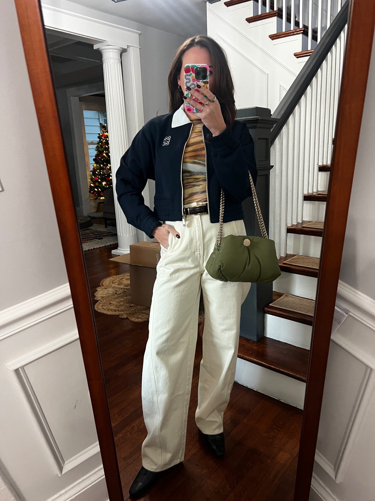 a navy bomber jacket, sheer printed top, ecru jeans, a croc belt. outfit of the night. sandro jacket. rent the runway. madewell belt. apiece apart jeans. afrm top. casual night out. date night. proenza schuouler bag. puffy leather. madewell boots. croc boots. leather boots. 

 

#LTKootd #LTKSaleAlert #LTKFindsUnder50