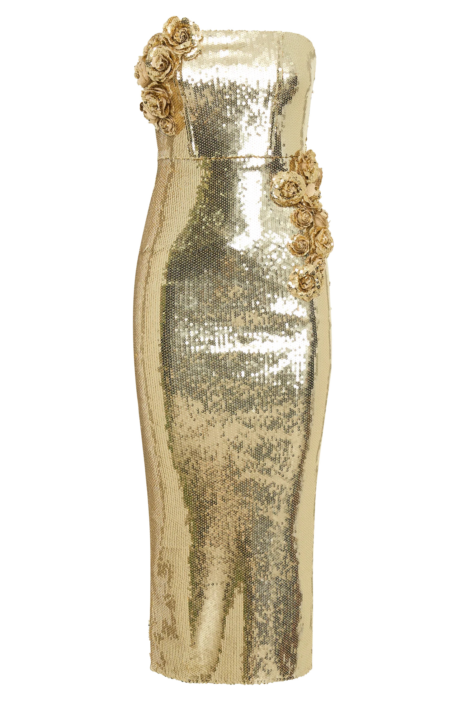 Cassia Strapless Sequin Rose Midi Dress - Gold | MESHKI US