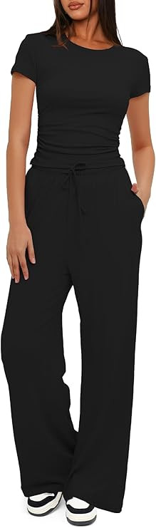 Darong Women's 2 Piece Outfits Lounge Sets Ruched Short Sleeve Tops High Waisted Wide Leg Pants T... | Amazon (US)