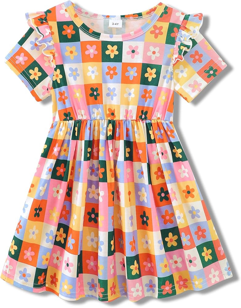 Girls Cute Print Summer Dresses 3-8 Years Toddler Ruffle Sleeve Twirly Swing Casual Dress with Po... | Amazon (US)