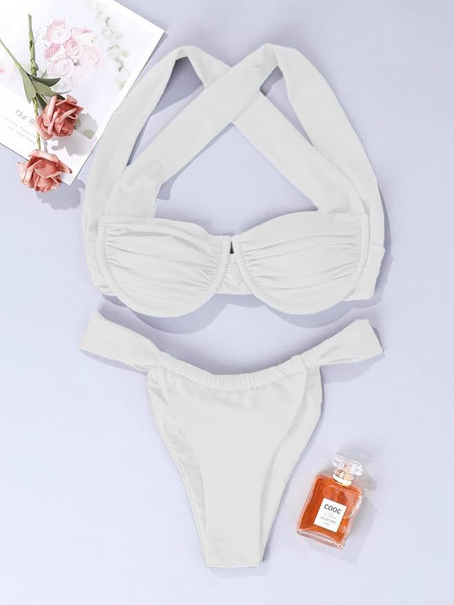 Hilinker Women's Ruched Bikini Set Criss Cross Back High Cut Swimsuit 2 Piece Bathing Suit | Amazon (US)