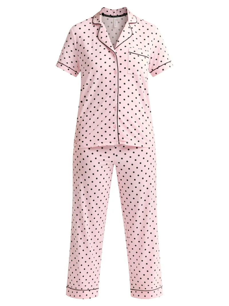 Joyspun Women's Dreamy Soft Collection Notch Collar Short Sleeve Knit Top & Capri Pajama Set, 2-P... | Walmart (US)