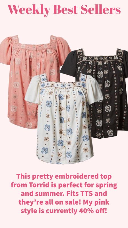 This pretty embroidered top from Torrid is perfect for spring and summer. Fits TTS and they’re all on sale! My pink style is currently 40% off!

#LTKfindsunder50 #LTKplussize #LTKsalealert