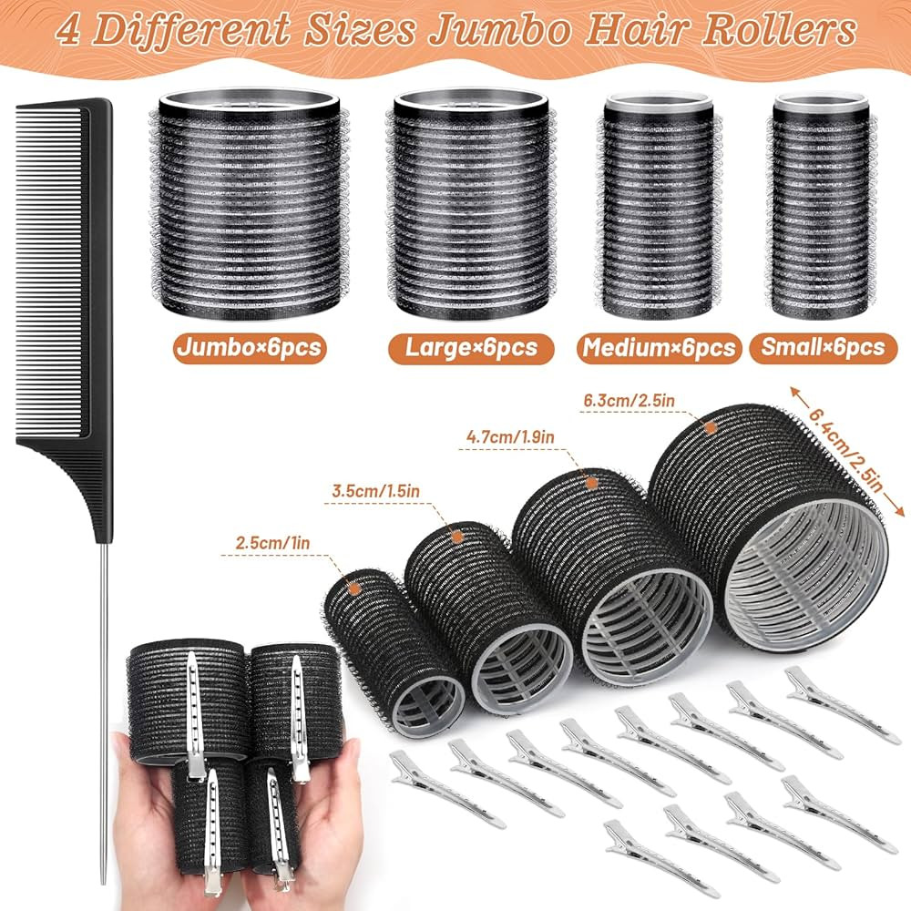 Hair Curler Rollers for Women 24PCS Heatless Hair Roller with 12PCS Clips, 4 Sizes（Jumbo Large ... | Amazon (US)