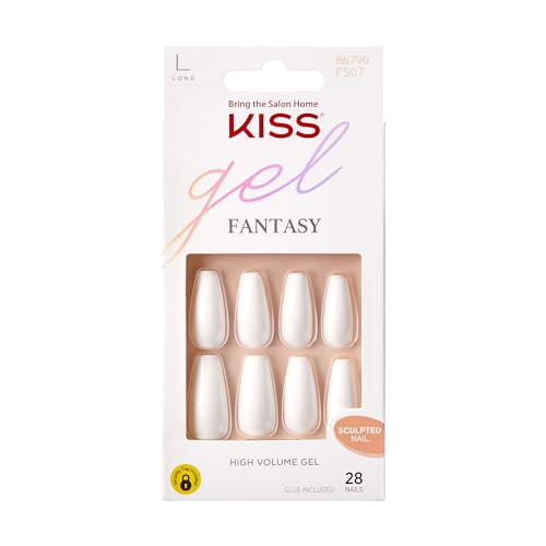 KISS Gel Fantasy Press On Nails, Nail glue included, 'True Color', White, Long Size, Coffin Shape, Includes 28 Nails, 2g glue, 1 Manicure Stick, 1 Mini File | Amazon (US)