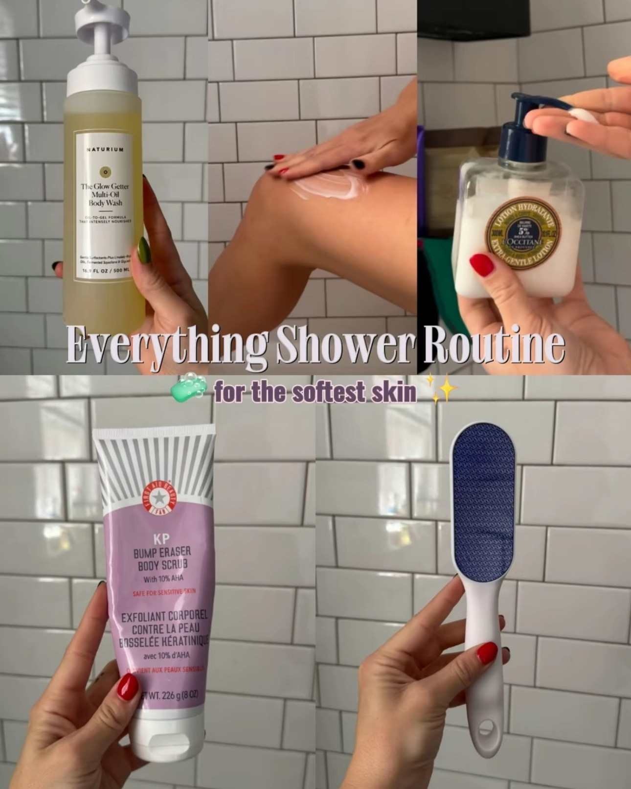 here is my everything shower routine that makes my skin ultra soft! 🩷 step 1: exfoliate with an exfoliating mitt before cleansing step 2: cleanse with a gentle cleanser. i like the method body washes step 3: smooth uneven textures with first aid beauty kp bump eraser step 4: prep my skin with tree hut vanilla shave oil step 5: shave legs & under my arms with my venus razor step 6: cleanse & rehydrate with naturium shower oil step 7: moisturize my damp skin with l’occitane extra gentle lotion step 8: seal in hydration with l’occitane supple skin oil 

#LTKmorningroutine #LTKselfcare