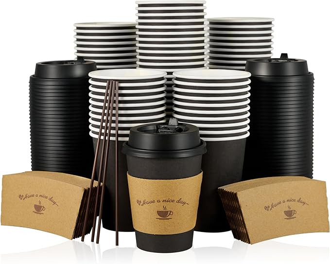 LITOPAK 100 Pack 12 oz Paper Coffee Cups for Hot Chocolate Drinks, Black Disposable Coffee Cups w... | Amazon (US)