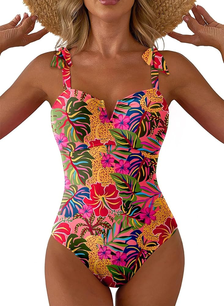 Aleumdr Women's One Piece Swimsuits Tummy Control Bathing Suits V Neck Boho Tie Shoulder Ruched F... | Amazon (US)