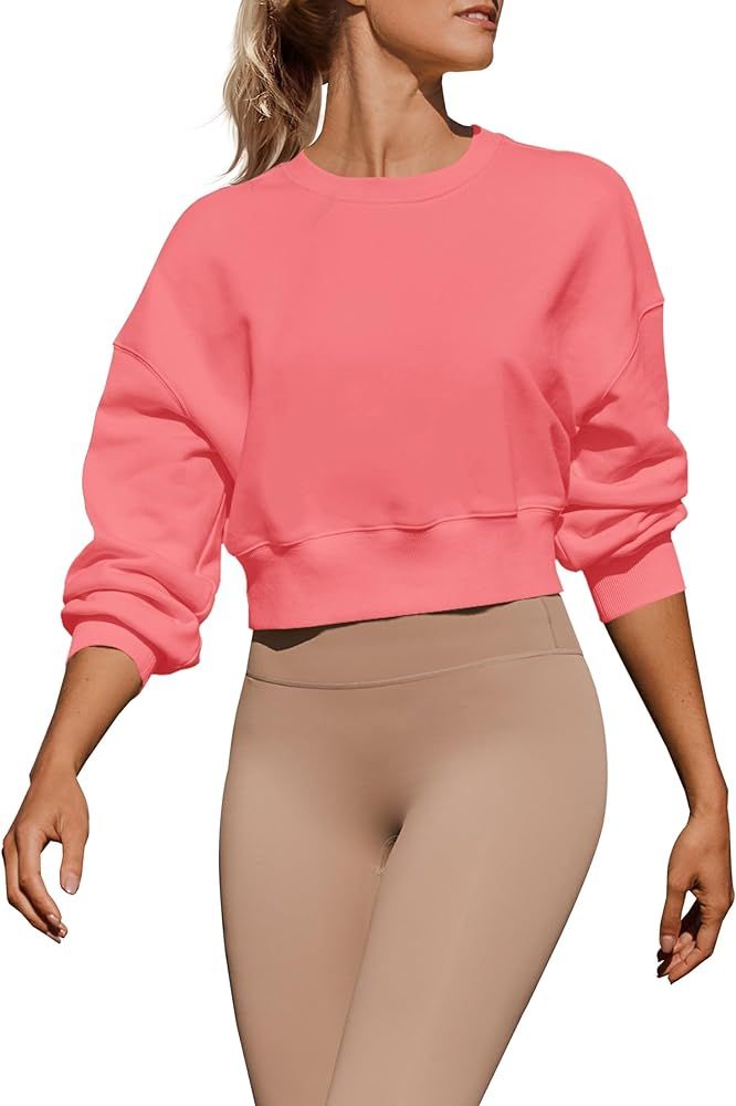 ZESICA Women's 2024 Crop Sweatshirts Casual Long Sleeve Crewneck Solid Color Y2K Fleece Loose Pul... | Amazon (US)