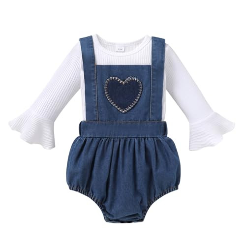 Tiny Cutey Newborn Baby Girl Clothes Bell Sleeve Romper and Corduroy Overalls Shorts Infant Girl Fall Outfits(Denim Heart Overall,3-6 Months) | Amazon (US)