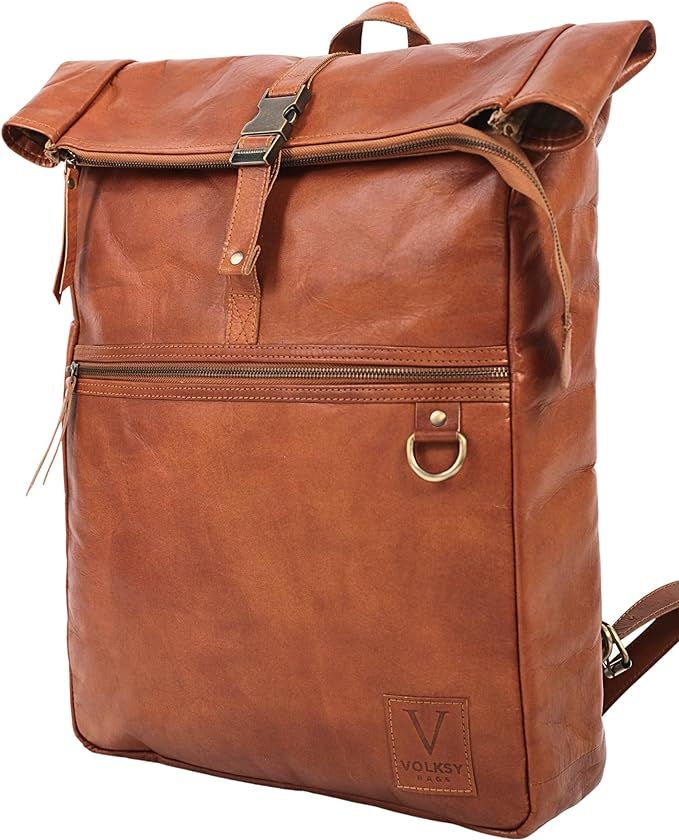 Volksy Bags Leather Backpack for Men & Women, Leather Laptop Backpack, Leather Bookbag, Brown Vin... | Amazon (US)
