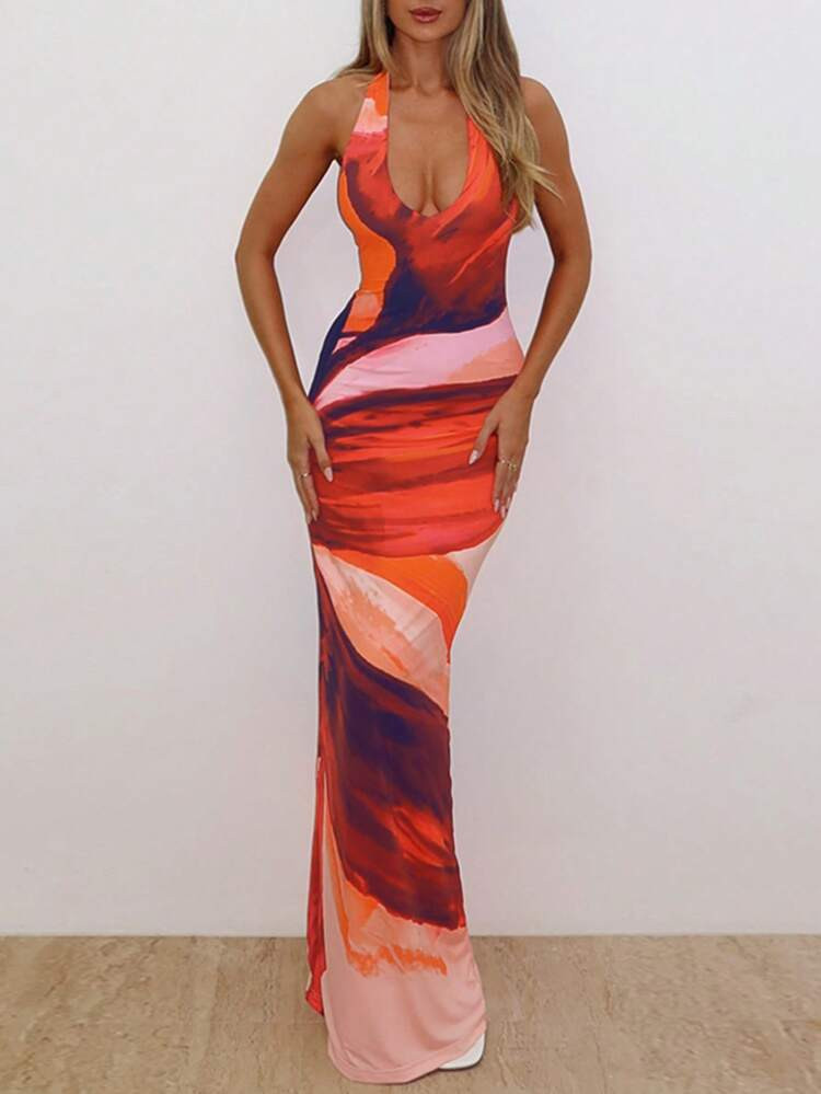 Long Summer Dress, Deep V-Neck, All-Over Print Backless Top | SHEIN