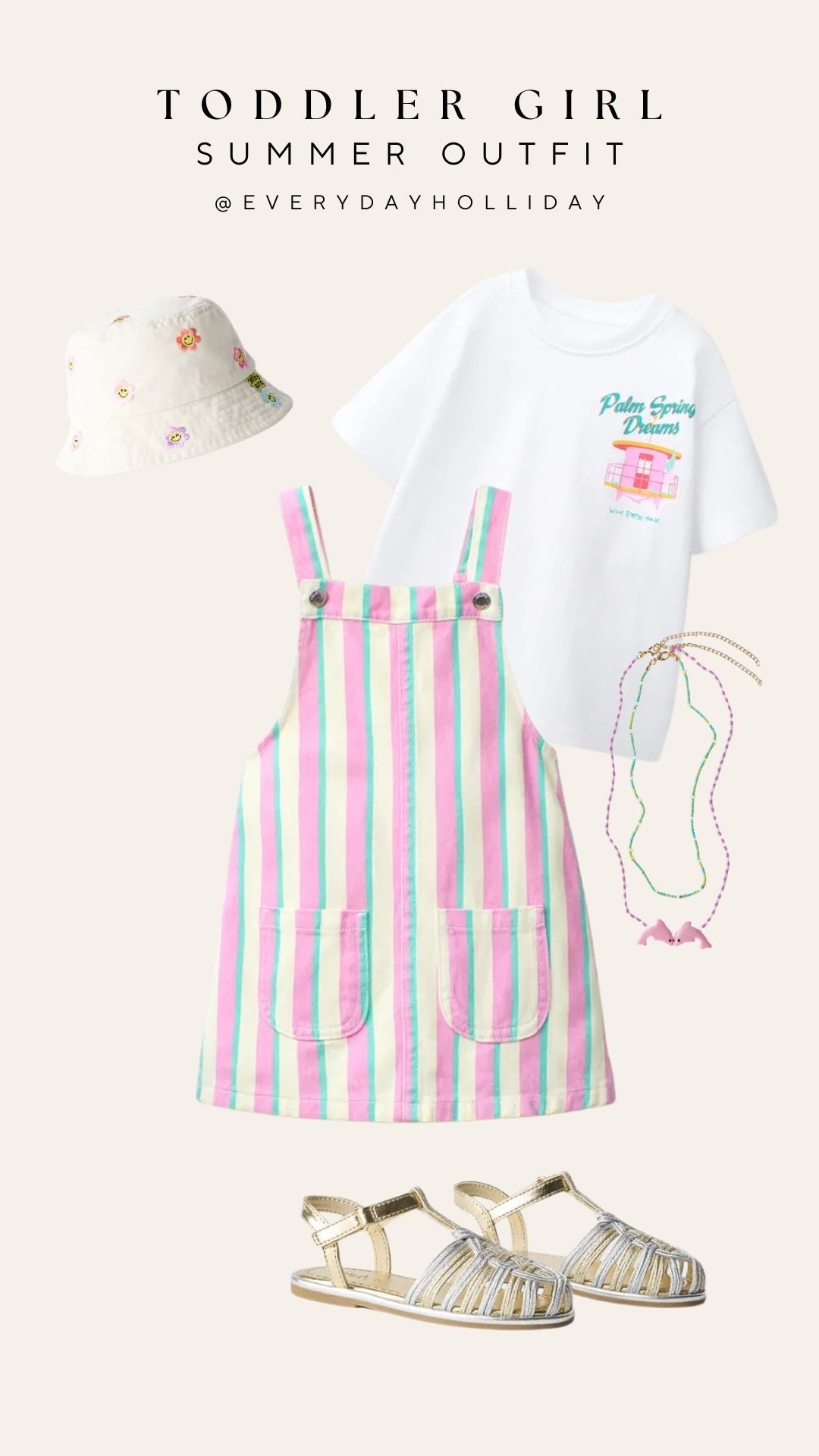 Zara toddler girl summer outfit and I am obsessed with every single piece — pastel striped overall dress over a Palm Springs graphic tee, gold huarache sandals, daisy bucket hat, and beaded necklaces. All Zara, all linked!

#LTKootd #LTKBaby #LTKKids