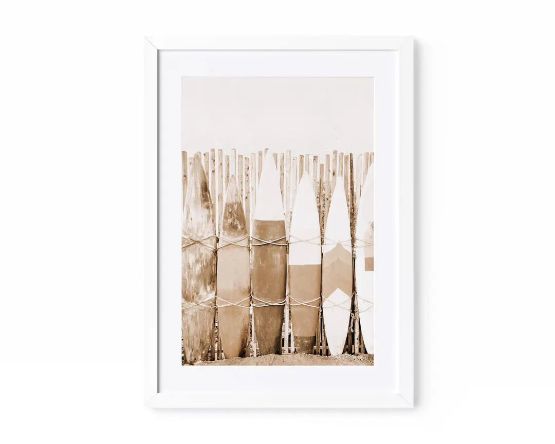 Vintage Surfboards Photography, Beige Boho Surf Room Decor, Framed or Unframed Coastal Wall Art | Etsy (US)