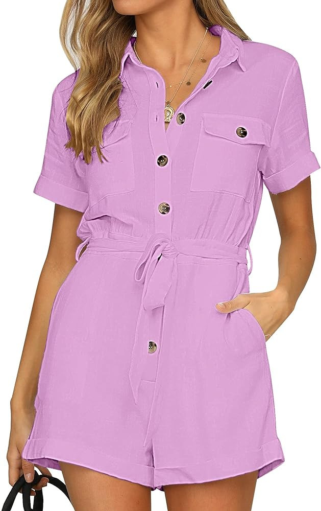 GRAPENT Women's Summer Short Sleeve Button Down Pockets Belted Jumpsuits Rompers | Amazon (US)
