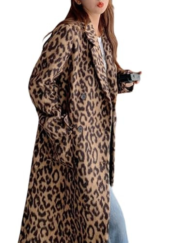 utcoco Womens Leopard Long Wool Trench Coat Notched Lapel Double Breasted Pea Coat Winter Warm Overcoat (X-Small, Leopard) | Amazon (US)