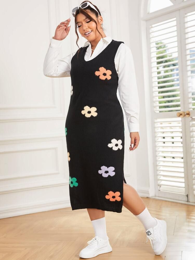 Plus Floral Pattern Split Hem Sweater Dress Without Blouse | SHEIN