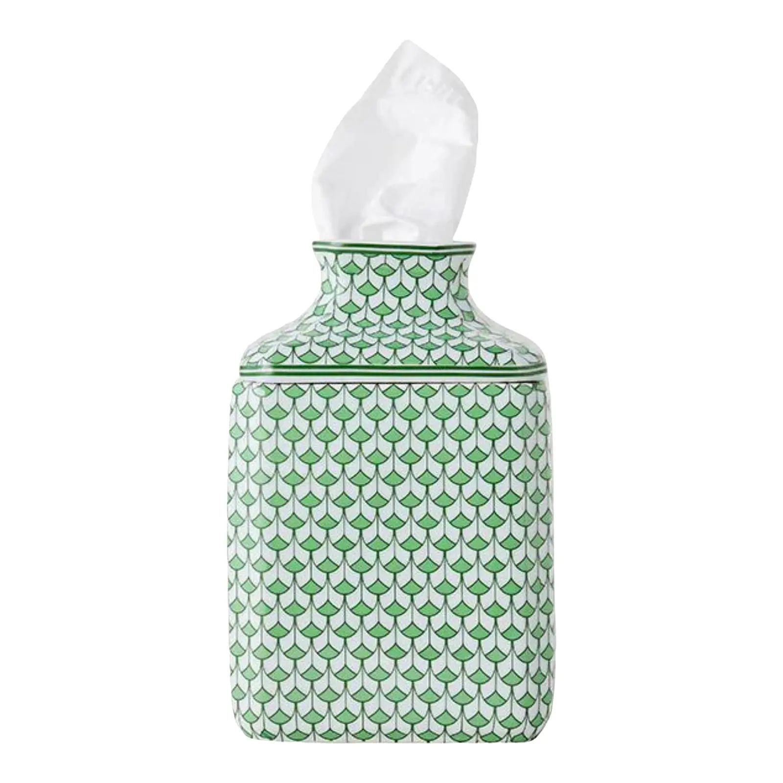 Green & White Fishnet Ceramic Tissue Box Cover | Chairish