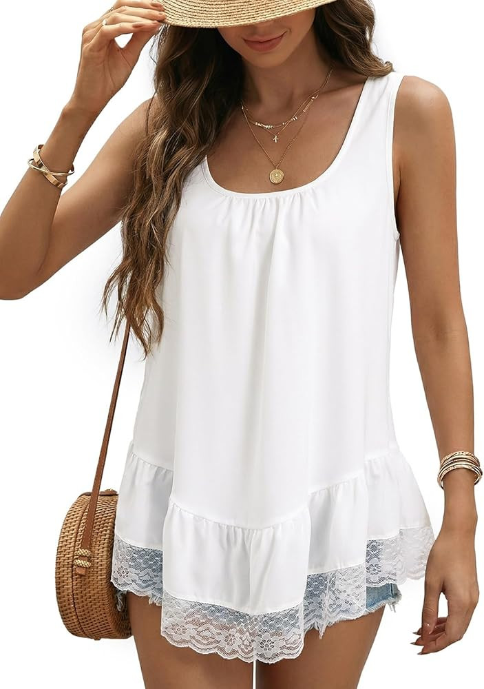 Dokotoo Casual Tank Tops for Women 2026 Round Neck Camisole Top Ruffled Hem Shirt Lace Trim Loose... | Amazon (US)