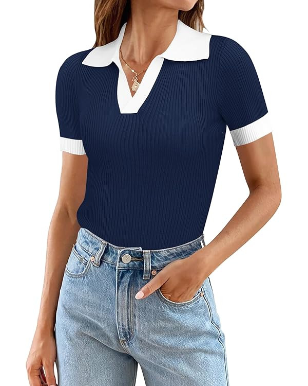 Ivicoer Womens 2025 Summer V Neck Short Sleeve T Shirts Slim Fitted Ribbed Knit Casual Tee Tops | Amazon (US)