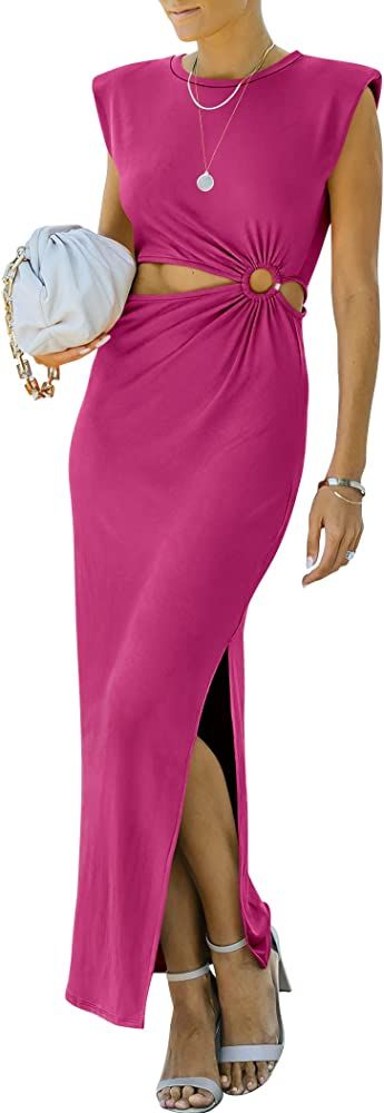 Prinbara Women's Cut Out Padded Shoulder Split Side Crewneck Maxi Bodycon Party Club Dress | Amazon (US)