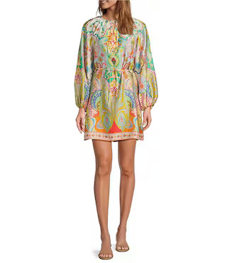 Raffaella Printed Satin Tie Neck Long Sleeve Dress | Dillard's