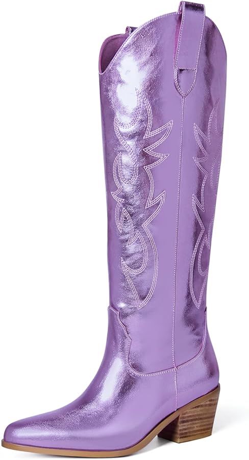 Ouepiano Cowboy Boots for Women Knee High Wide Calf Cowgirl Boots Embroidered Chunky Heels Pointe... | Amazon (US)