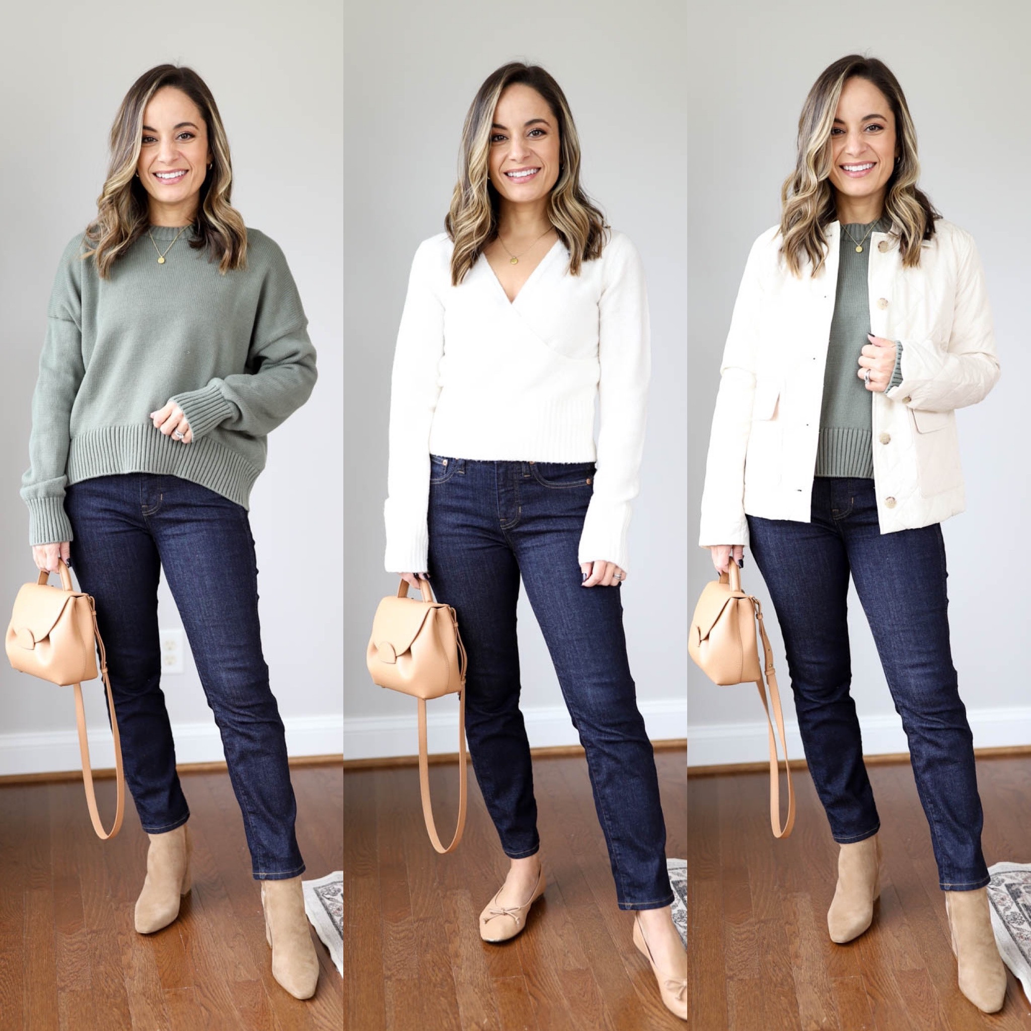 Fall capsule wardrobe outfits 

Green sweater: xs 
Wrap sweater: xxs 
Dark jeans: petite 24 
Jacket: xxs 
Flats: tts 
Boots: tts 
Bag: polene un nano in textured tan 

#LTKSeasonal