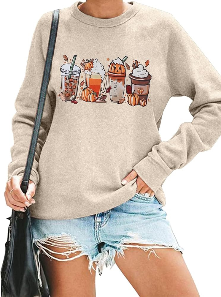 LOTUCY Women Halloween Pumpkin Coffee Sweatshirts Pumpkin Spice Latte Fall Crewneck Long Sleeve P... | Amazon (US)