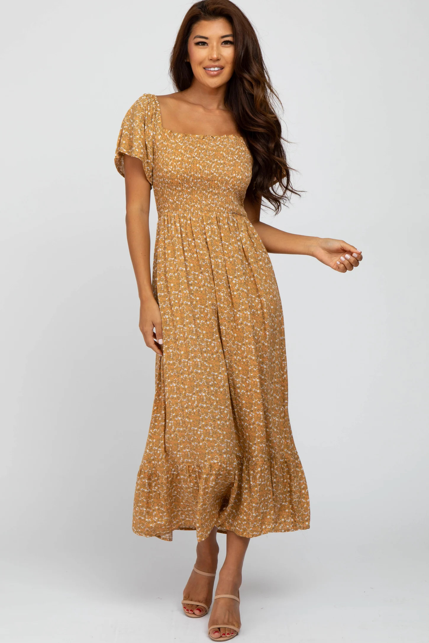 Mustard Floral Smocked Maternity Maxi Dress | PinkBlush Maternity