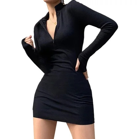 Black Tight Dress Women Long Sleeve Zipper O-Neck Hip Slim Sexy Dress Fashion High Waist Knit Dress | Walmart (US)