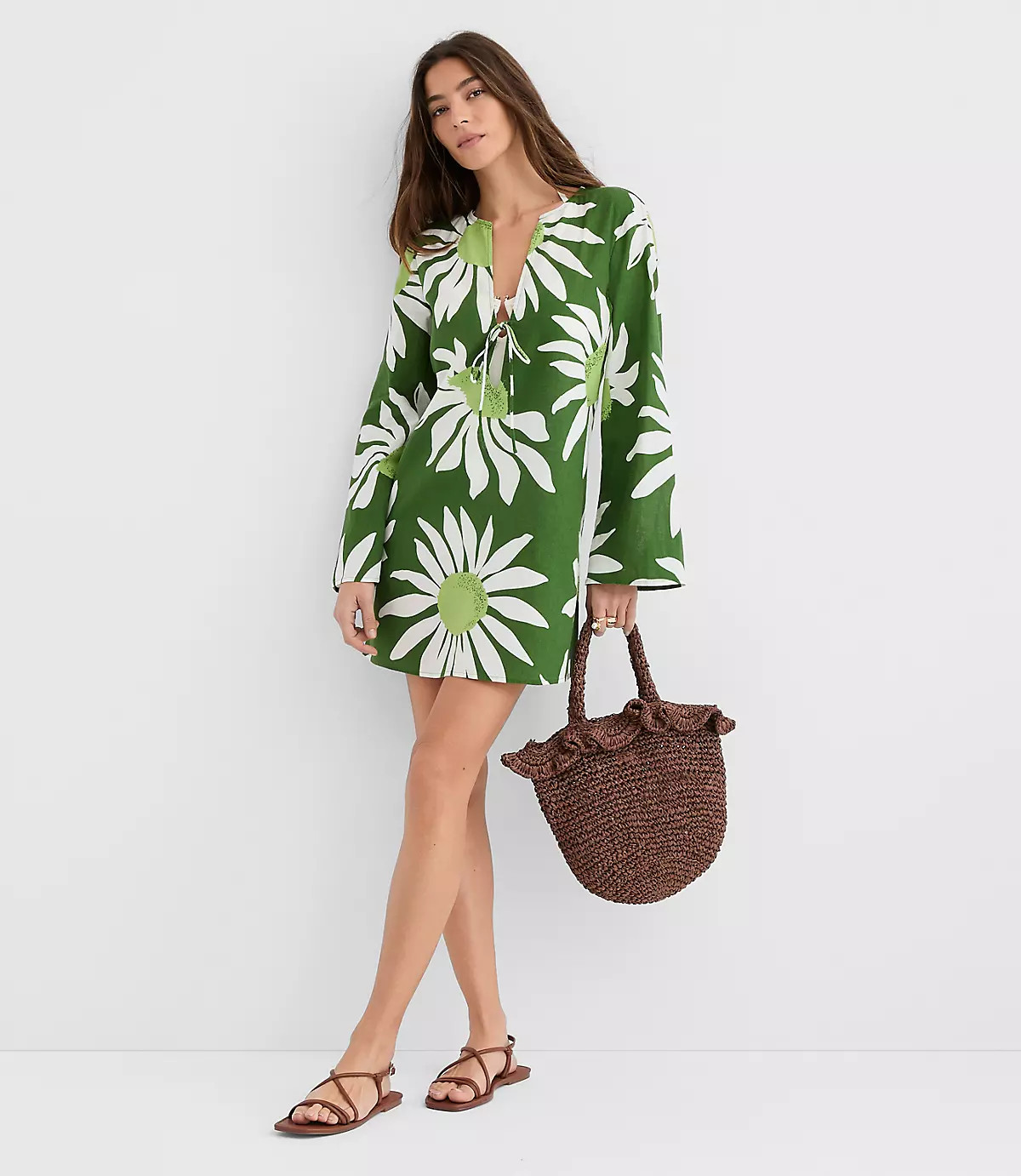 LOFT Beach Floral Linen Cotton Flare Sleeve Mini Dress | LOFT