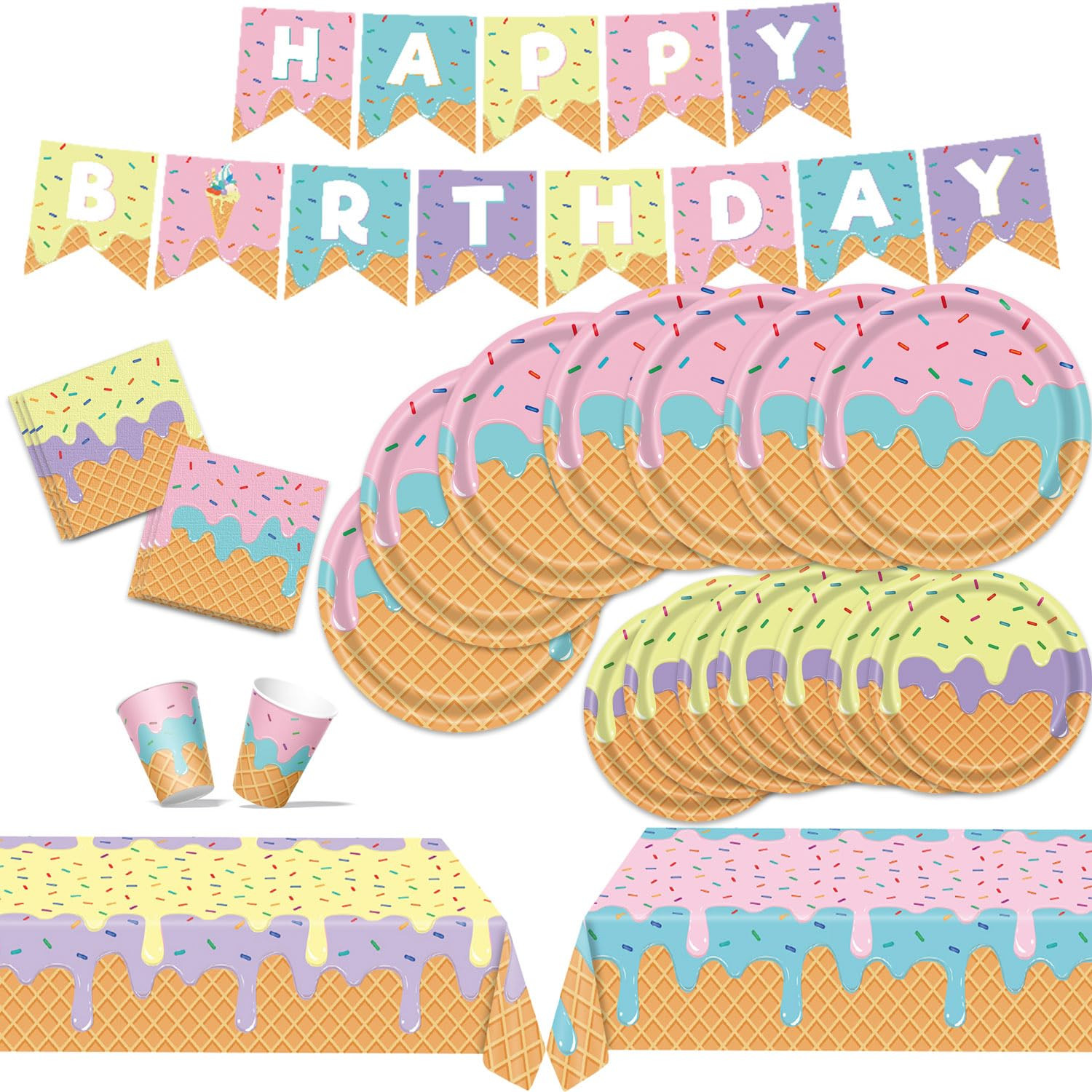 Ice Cream Party Supplies Kit for 24 With Ice Cream Plates, Napkins, Cups, Tablecloth, Banner for ... | Amazon (US)