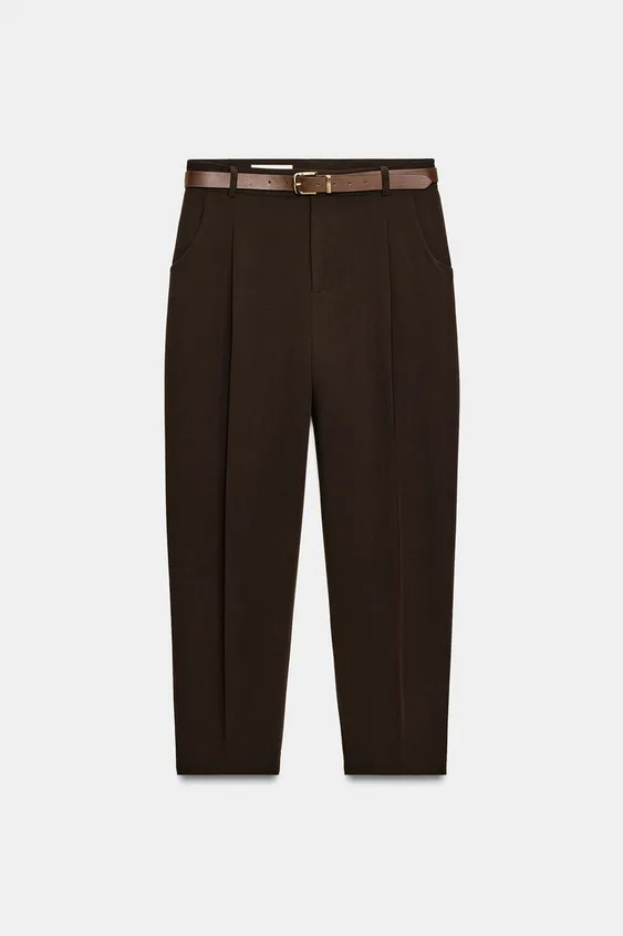 Mid-waist cropped trousers with a belt and front pleats. Featuring front pockets and false flap b... | Zara UK