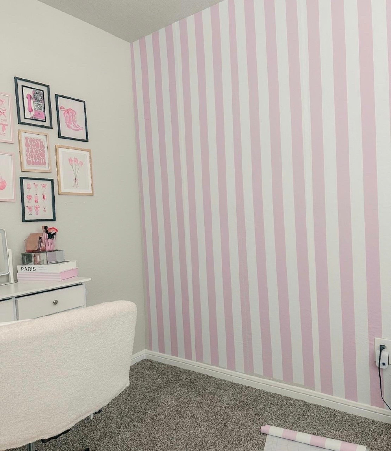 Slowly bringing my dream office/glam room to life! 💕 I finally added this pink and white striped peel-and-stick wallpaper, and it’s the perfect statement wall for a feminine workspace. If you’re looking for office/glam room decor, pink office inspiration, renter-friendly wallpaper, girly home office ideas, or an easy accent wall makeover, this is one of my favorite finds! 🎀

#LTKHome
