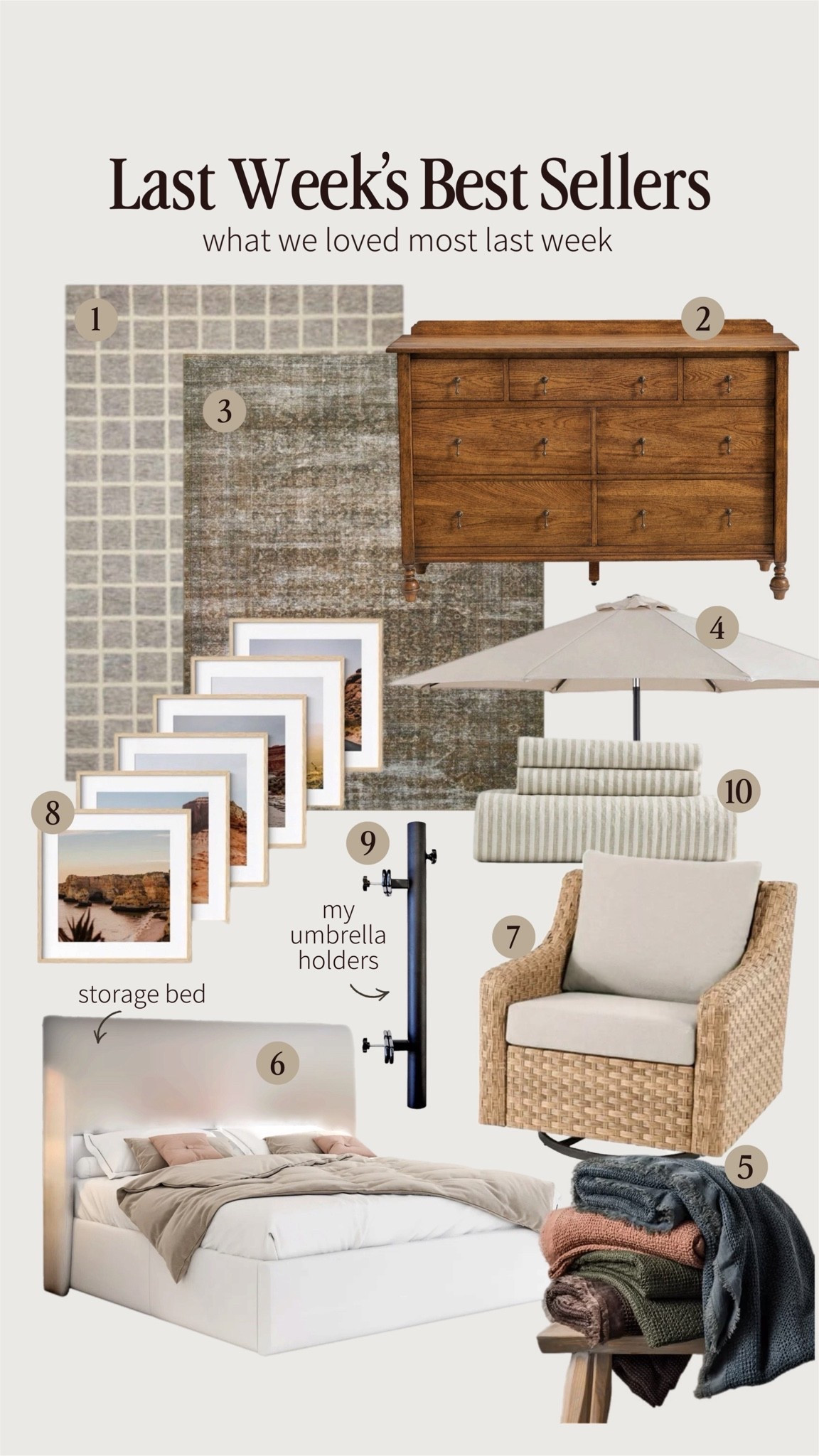 Last week’s best sellers!

Rug, plaid, vintage look, dresser, outdoor umbrella, patio, umbrella holder, Amazon, Wayfair, Walmart, swivel chair, outdoor chair, outdoor lounge, chair, outdoor civil chair, storage bed, upholstered bed, gallery frames, wall frames, home decor, Summer, linen sheets, quince￼

#LTKHome #LTKSaleAlert #LTKSeasonal