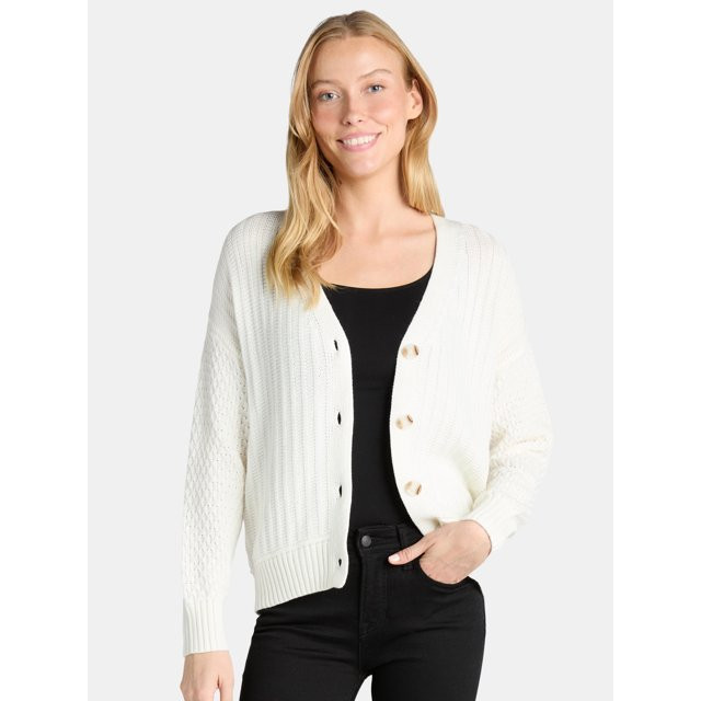 Time and Tru Women’s Mixed Stitch Cardigan Sweater, Midweight, Sizes XS-XXXL | Walmart (US)