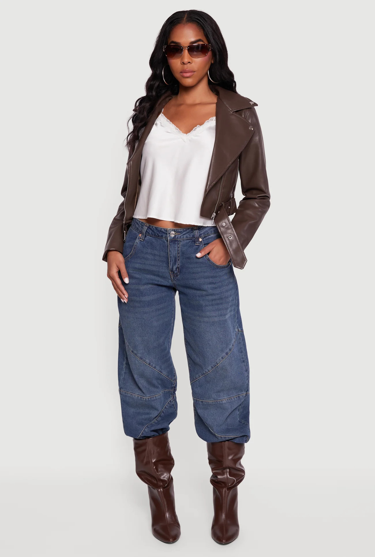 Cropped Faux Leather Belted Moto Jacket | Rainbow Shops