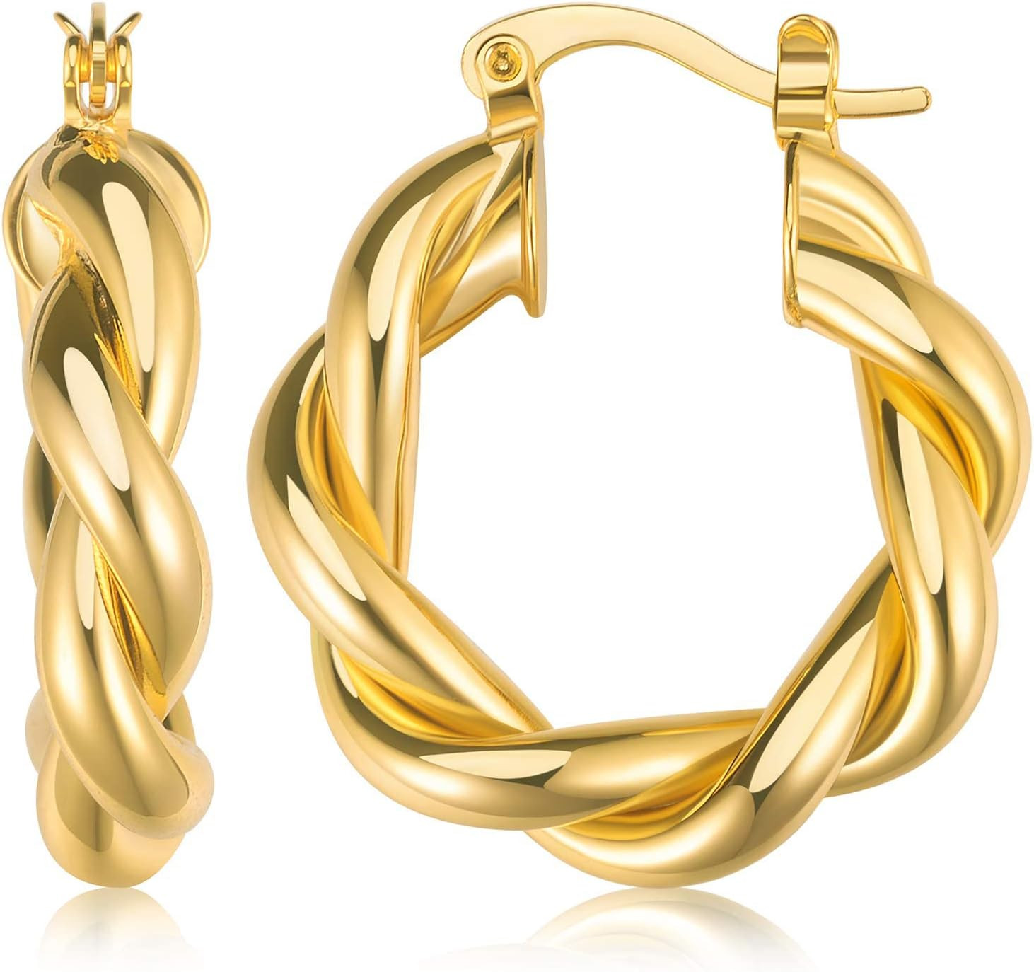 Twisted Hoop Earrings for Women, 18K Gold Plated Chunky Twist Hoops | Amazon (US)