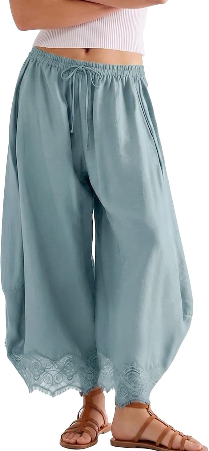 SeeLuNa Comfy Women's Pants Cropped Lace Hem Pants Summer Boho Drawstring High Rise Wide Leg Loun... | Amazon (US)