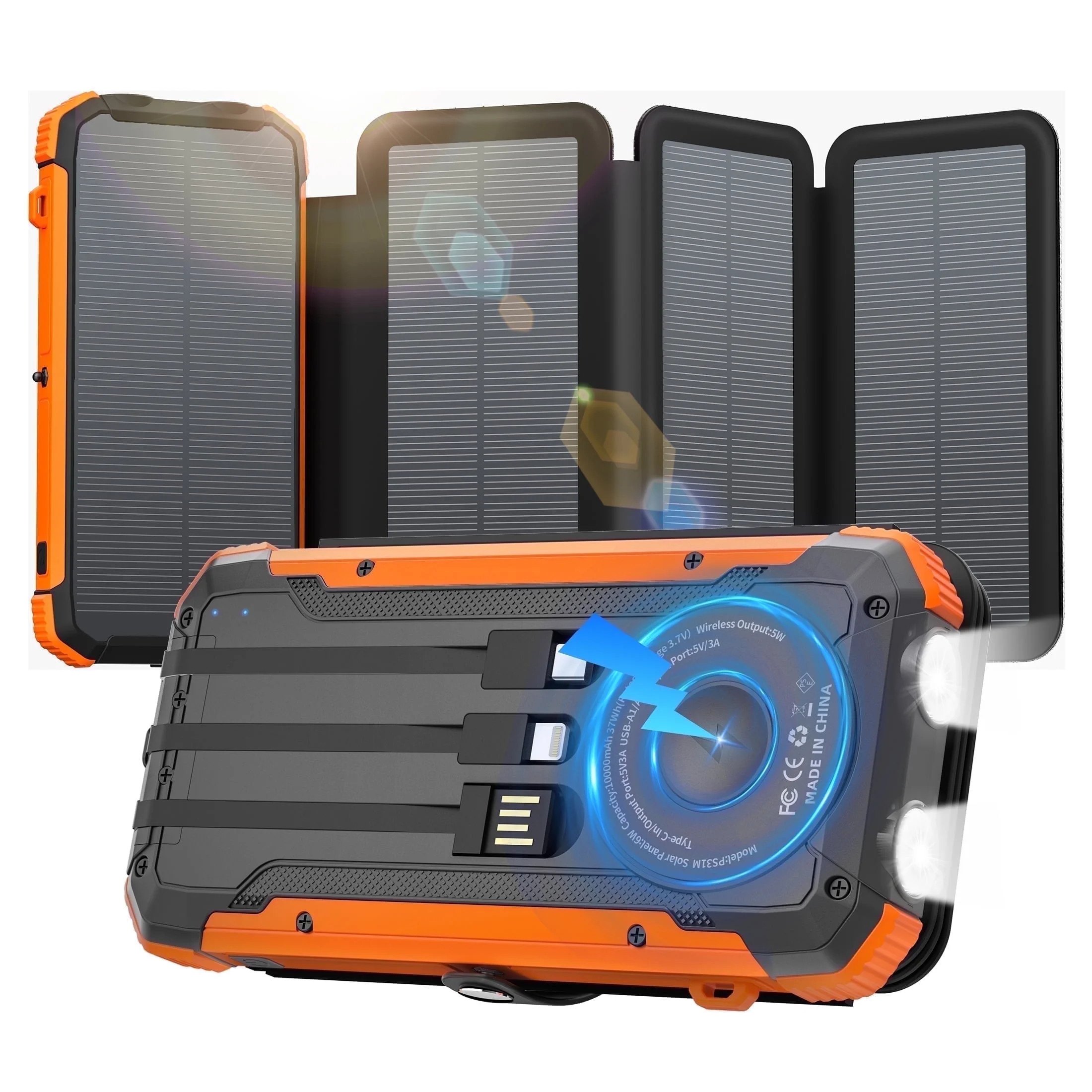 SOLPOWBEN 20000mAh Solar Power Bank With 4 Solar Panels,Portable Charger with Built-in 3 Cables a... | Walmart (US)