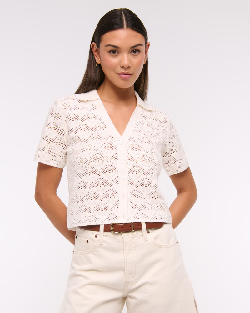 Women's Short-Sleeve Crochet-Style Polo | Women's Tops | Abercrombie.com | Abercrombie & Fitch (US)