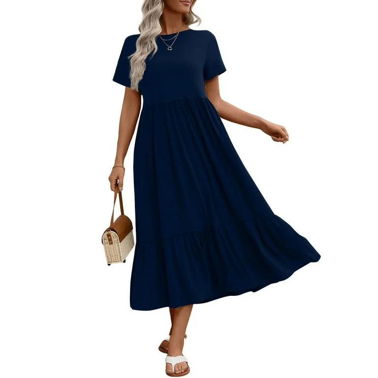 UVN Long Dresses for Women Summer Short Sleeve Casual Crewneck Maxi Dress with Pockets | Walmart (US)