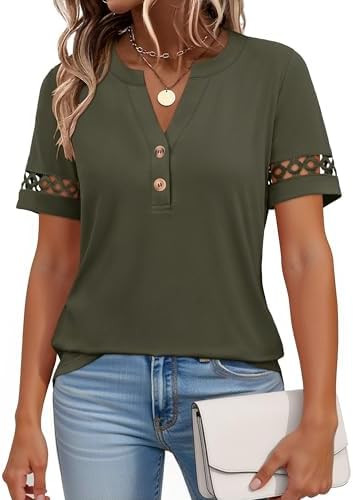 ANRABESS Womens Short Sleeve Tops Henley V Neck Dressy Casual Blouses 2026 Summer Trendy Tee Shir... | Amazon (US)