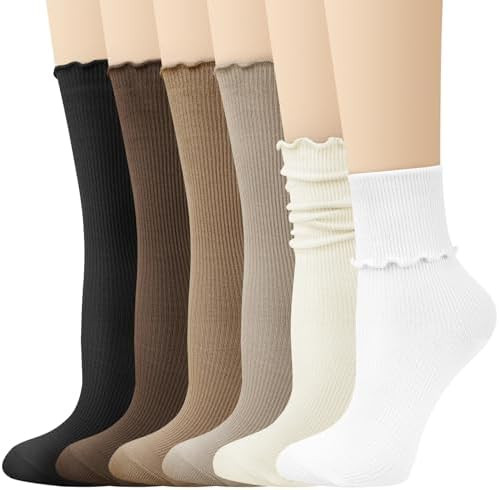 Justay 6 Pairs Ruffle Socks Soft Cute Frilly Turn-Cuff Long Casual Slouch Cotton Crew Socks for W... | Amazon (US)