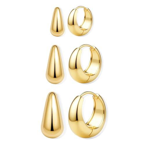 3Pairs 14K Gold Plated Hoop Earrings Set for Women Chunky Earring Silver Plated Hypoallergenic Small Huggie Hoops Lightweight Tiny Thick Trendy Hoop Earrings Stacks for Multiple Piercing(14k gold plated) | Amazon (US)