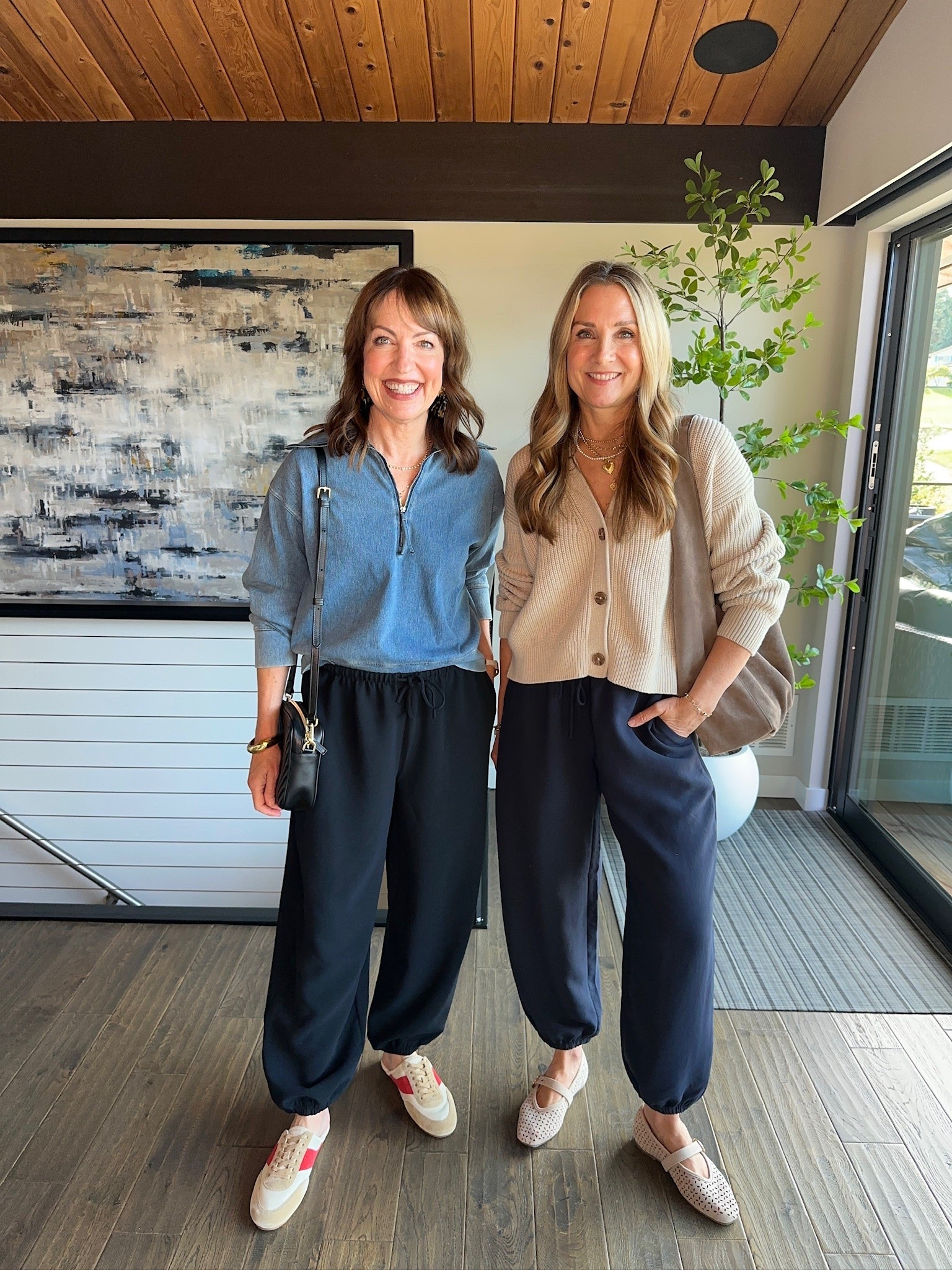 I’m a definite “yes” for these viral @Aritzia balloon pants! Julie was a “maybe” at first, but after styling them 3 ways, she’s a fan!!👌🏻
It’s fun to have a pant you can dress up or down, and this crepette material refuses to wrinkle. 
So comfy, too! Ours are black and navy, but they come in several colors. Are you a fan of this trend? 

Balloon pants, zebra print, @Spanx , quarter zip top, date night outfit, bubble top, suede jacket, suede flats, @Quince bag, cardigan, @Melie Bianco bag